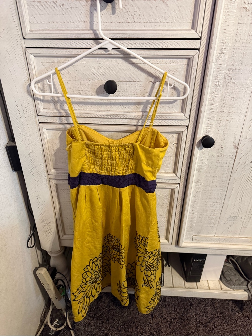Floreat Yellow Midi Dress with Navy Band and Floral Print